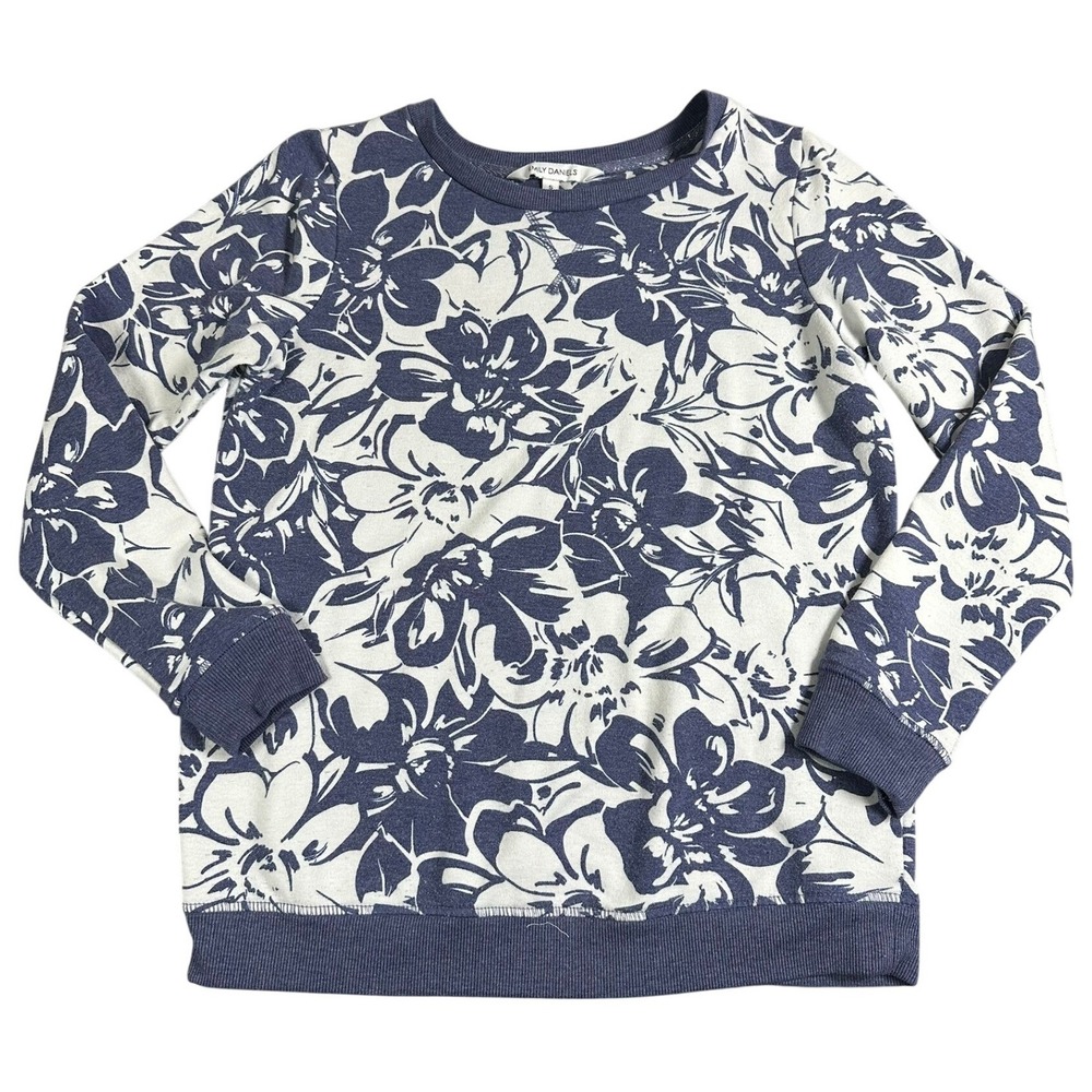 Emily Daniels Womens Floral Crew Neck Sweatshirt Blue White Size S Long Sleeve‎